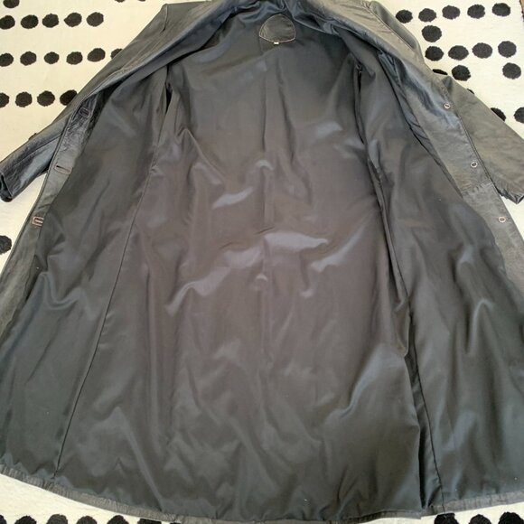 Vintage 90s Black Leather Trench Coat Retro Maxi Long Length Jacket Overcoat - Picture 11 of 16